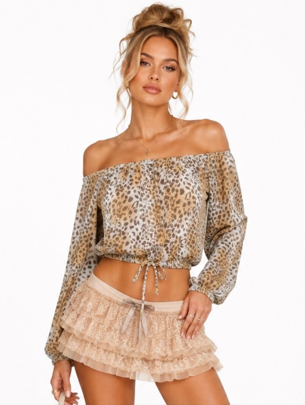 Blue Blush Cream & Brown Leopard-Print Crop Top On Off Shoulder Size S